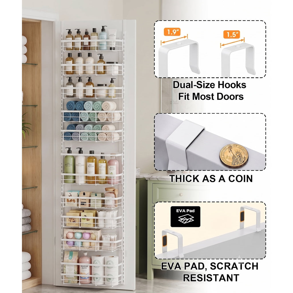 Asoibopi 8-Tier Adjustable Over the Door Pantry Organizer with 2 Sets Hooks Fits Most Doors, Hanging Spice Rack for Pantry Door Organizer And Storage, White