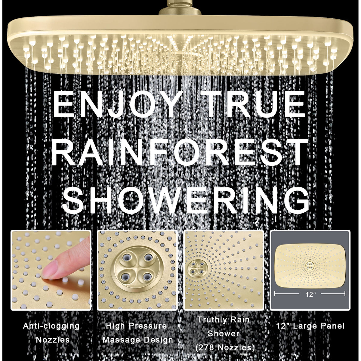 INAVAMZ 12 inch Rain Shower Head and Handheld Combo, High Pressure Shower, 3+8+1 Spray Modes, Magnetic Dock, Power Jet, Anti-Clog Nozzles, 60" Hose,Gold